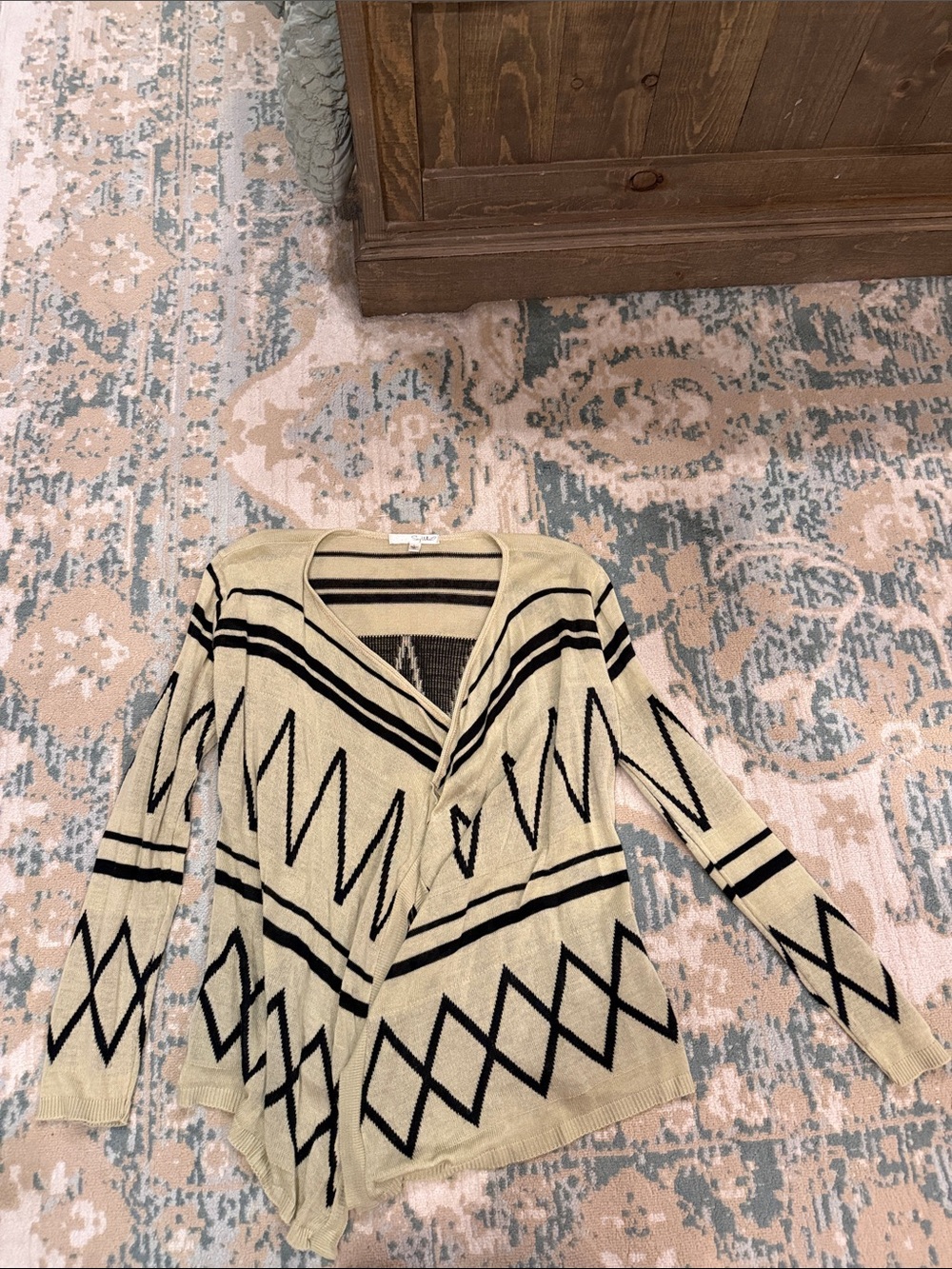 Say What? Beige and Black Geometric Open-Front Cardigan